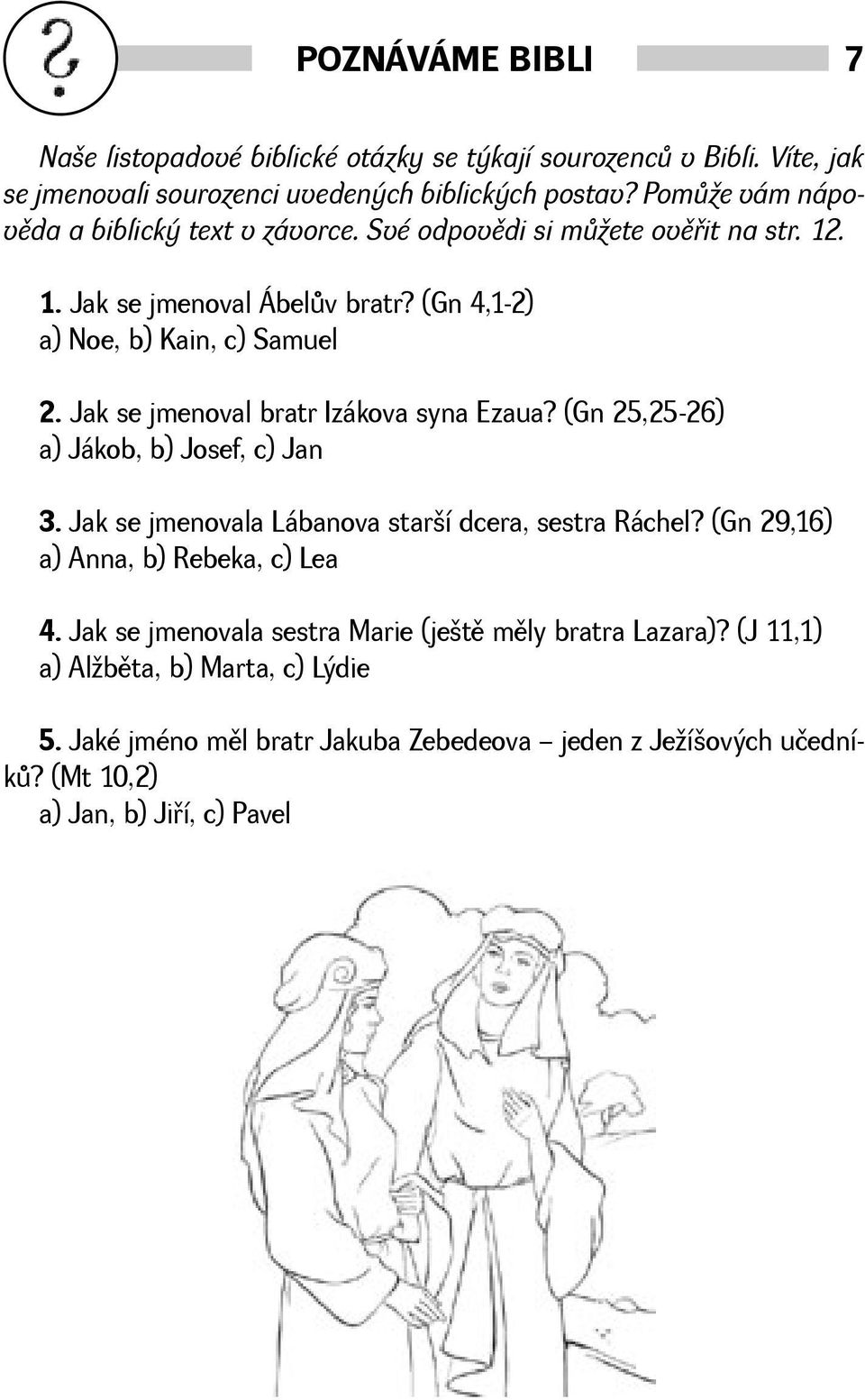Jak se jmenoval bratr Izákova syna Ezaua? (Gn 25,25-26) a) Jákob, b) Josef, c) Jan 3. Jak se jmenovala Lábanova starí dcera, sestra Ráchel?