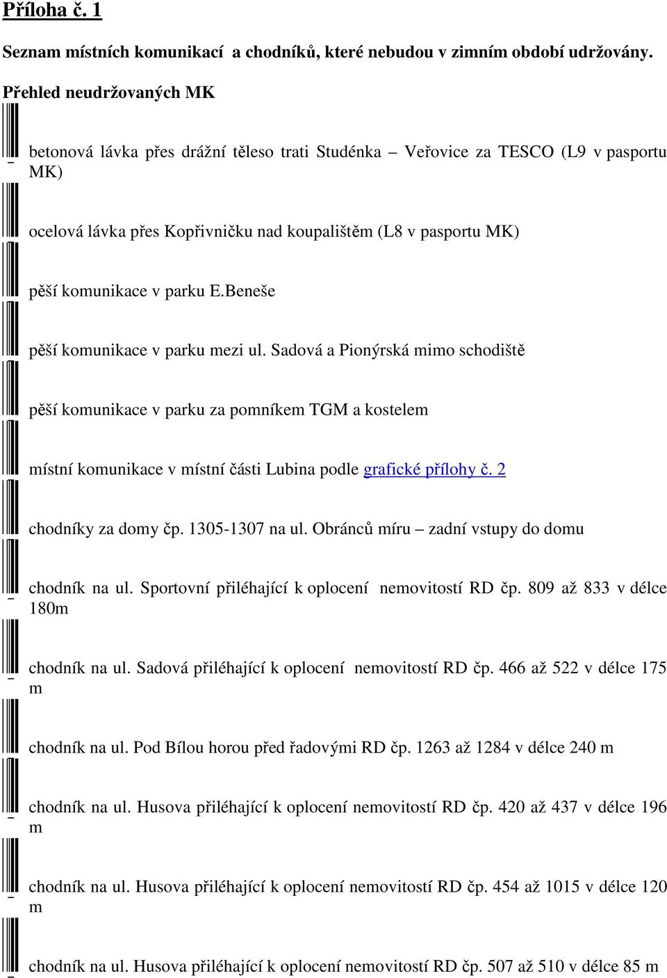 parku E.Beneše - pěší kounikace v parku ezi ul. Sadová a Pionýrská io schodiště - pěší kounikace v parku za poníke TGM a kostele - ístní kounikace v ístní části Lubina podle grafické přílohy č.