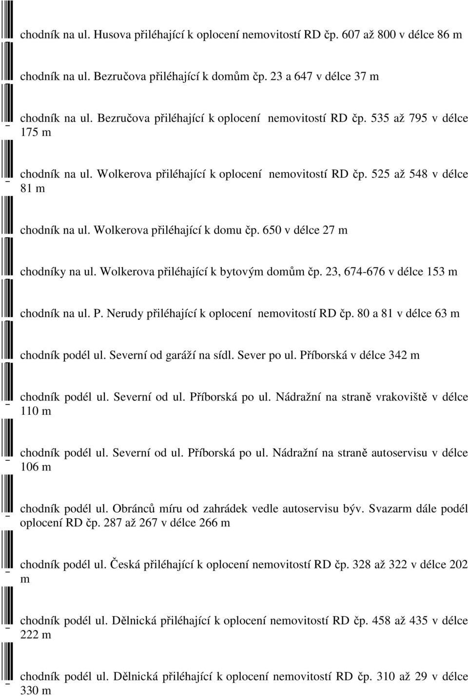 Wolkerova přiléhající k dou čp. 650 v délce 27 - chodníky na ul. Wolkerova přiléhající k bytový doů čp. 23, 674-676 v délce 153 - chodník na ul. P. Nerudy přiléhající k oplocení neovitostí RD čp.