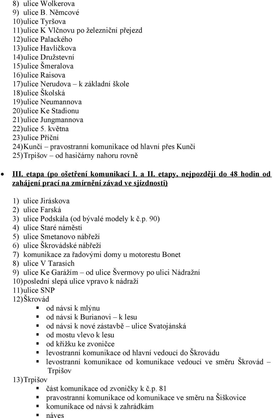 18)ulice Školská 19)ulice Neumannova 20)ulice Ke Stadionu 21)ulice Jungmannova 22)ulice 5.