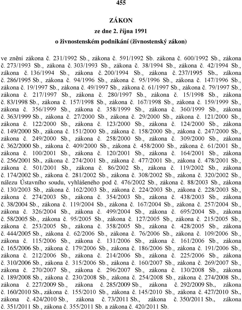 , zákona č. 19/1997 Sb., zákona č. 49/1997 Sb., zákona č. 61/1997 Sb., zákona č. 79/1997 Sb., zákona č. 217/1997 Sb., zákona č. 280/1997 Sb., zákona č. 15/1998 Sb., zákona č. 83/1998 Sb., zákona č. 157/1998 Sb.