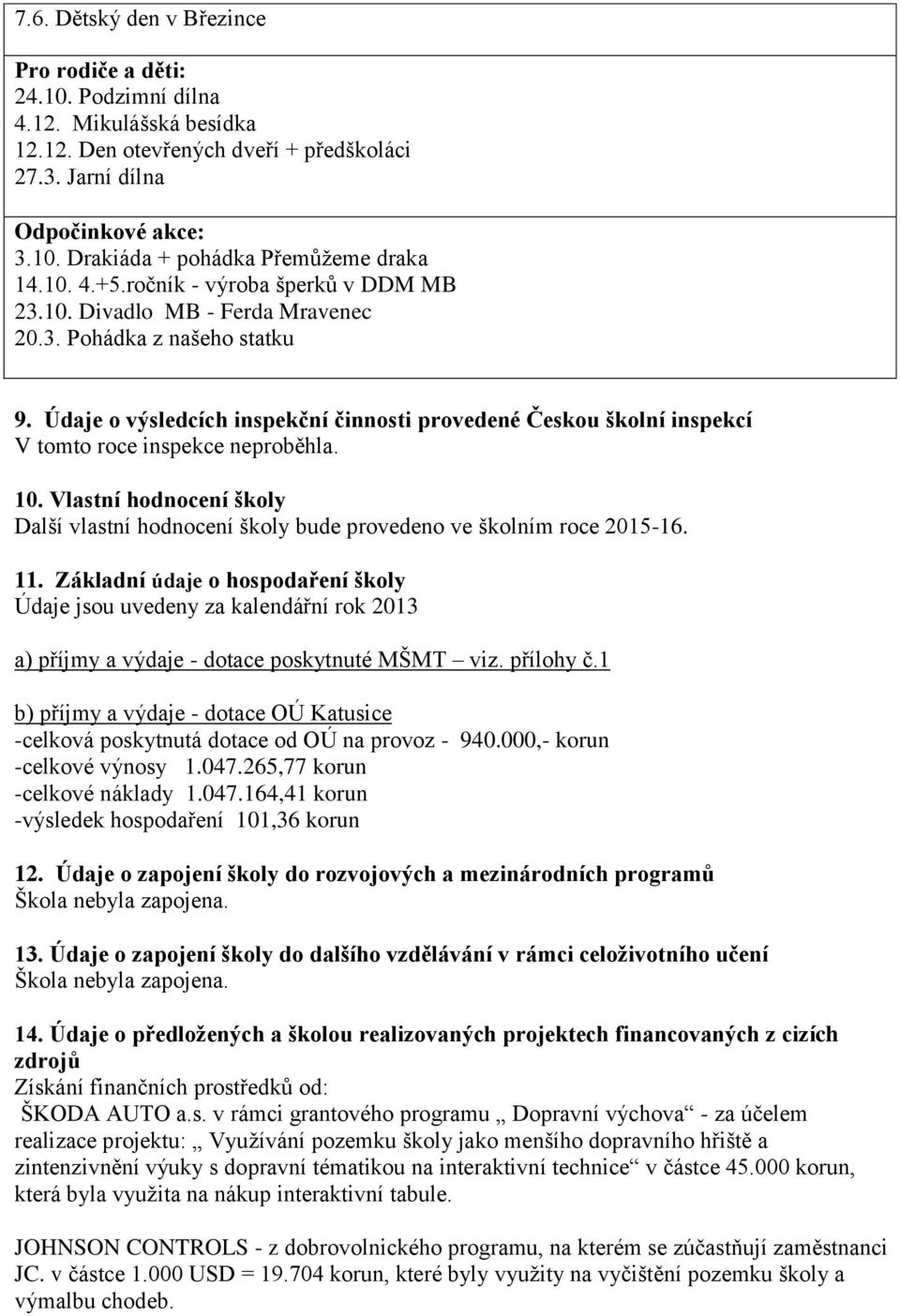 Údaje o výsledcích inspekční činnosti provedené Českou školní inspekcí V tomto roce inspekce neproběhla. 10.