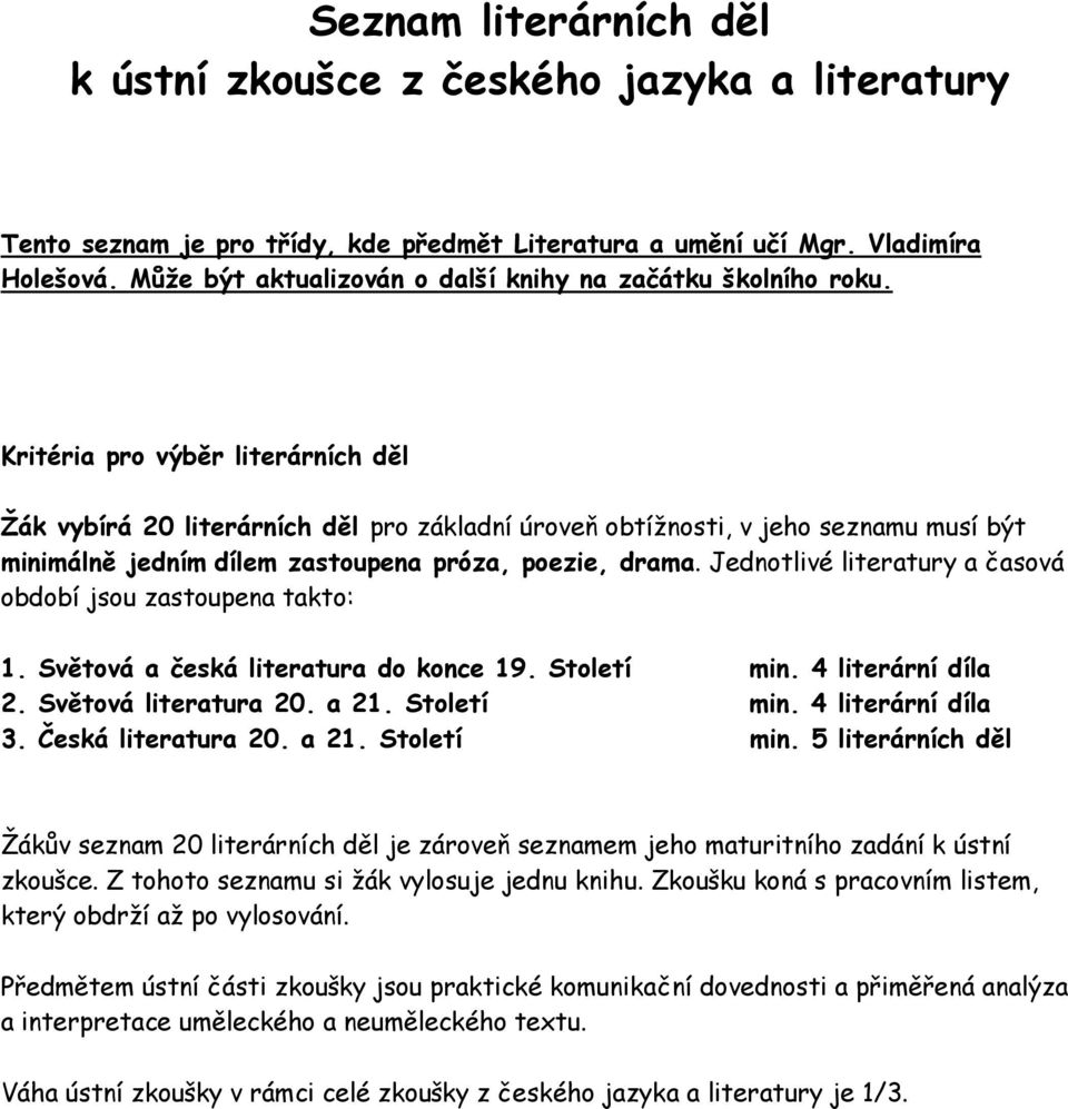 Kritéria pro výběr literárních děl Žák vybírá 20 literárních děl pro základní úroveň obtížnosti, v jeho seznamu musí být minimálně jedním dílem zastoupena,, drama.