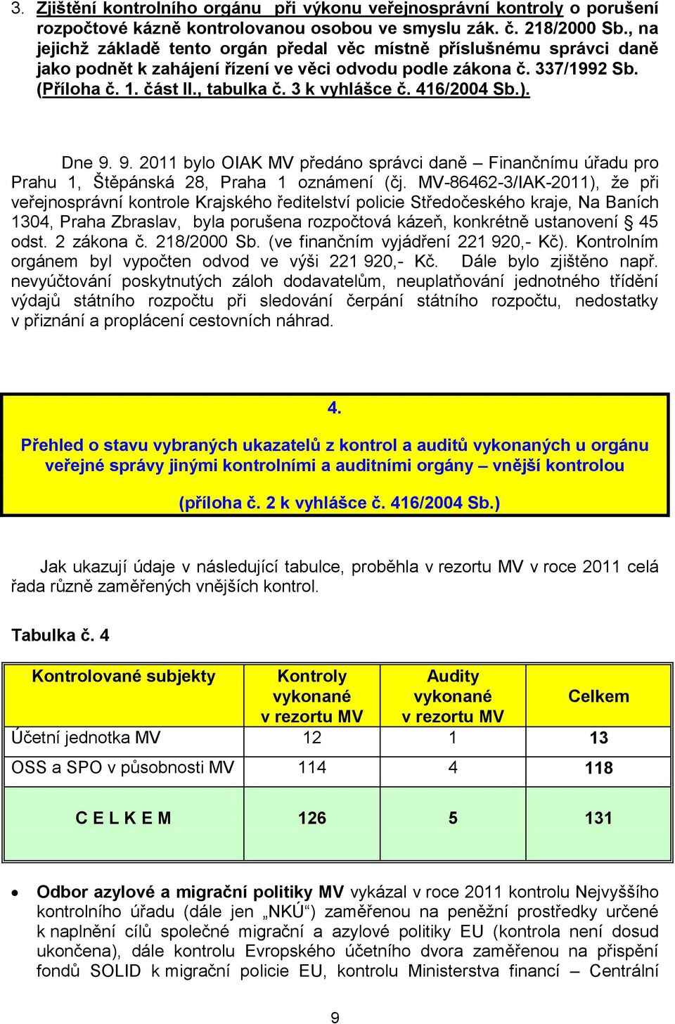 3 k vyhlášce č. 416/2004 Sb.). Dne 9. 9. 2011 bylo OIAK MV předáno správci daně Finančnímu úřadu pro Prahu 1, Štěpánská 28, Praha 1 oznámení (čj.