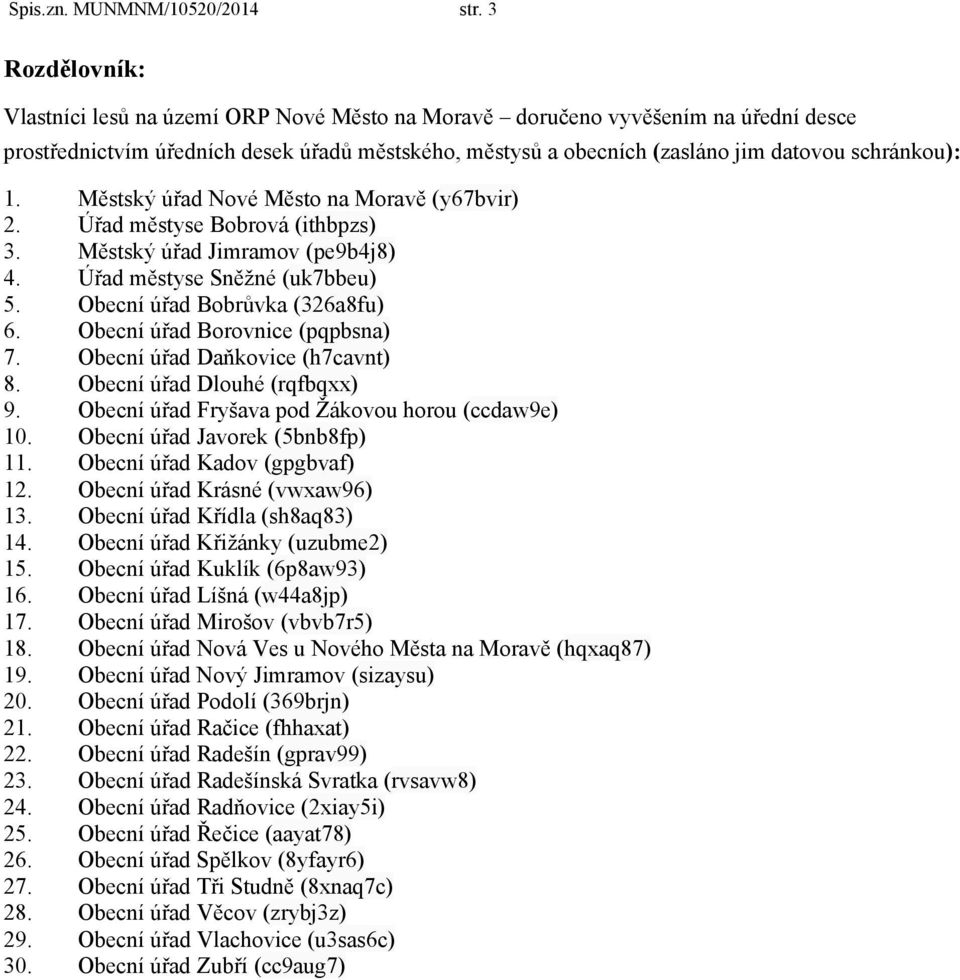 1. Městský úřad Nové Město na Moravě (y67bvir) 2. Úřad městyse Bobrová (ithbpzs) 3. Městský úřad Jimramov (pe9b4j8) 4. Úřad městyse Sněžné (uk7bbeu) 5. Obecní úřad Bobrůvka (326a8fu) 6.