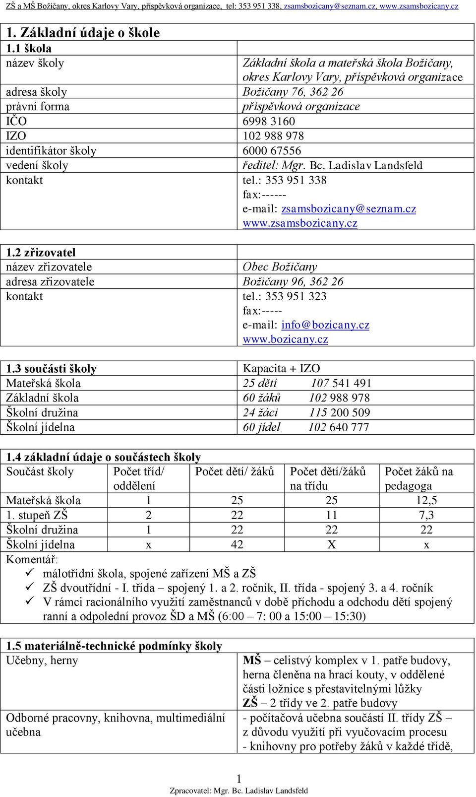 978 identifikátor školy 6000 67556 vedení školy ředitel: Mgr. Bc. Ladislav Landsfeld kontakt tel.: 353 951 338 fax:------ e-mail: zsamsbozicany@seznam.cz www.zsamsbozicany.cz 1.