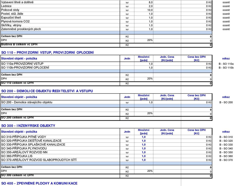Cena SO 110a-PROVIZORNÍ VSTUP 1,0 0 Kč B - SO 110a SO 110b-PROVIZORNÍ OPLOCENÍ 1,0 0 Kč B - SO 110b SO 110 celkem vč DPH Kč 0 SO 200 - DEMOLICE OBJEKTU ŘEDITELSTVÍ A VSTUPU Množství.