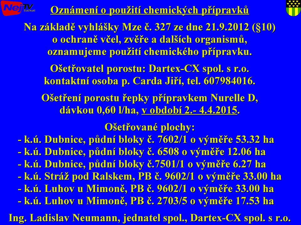 Ošetřované plochy: - k.ú. Dubnice, půdní bloky č. 7602/1 o výměře 53.32 ha - k.ú. Dubnice, půdní bloky č. 6508 o výměře 12.06 ha - k.ú. Dubnice, půdní bloky č.7501/1 o výměře 6.27 ha - k.ú. Stráž pod Ralskem, PB č.