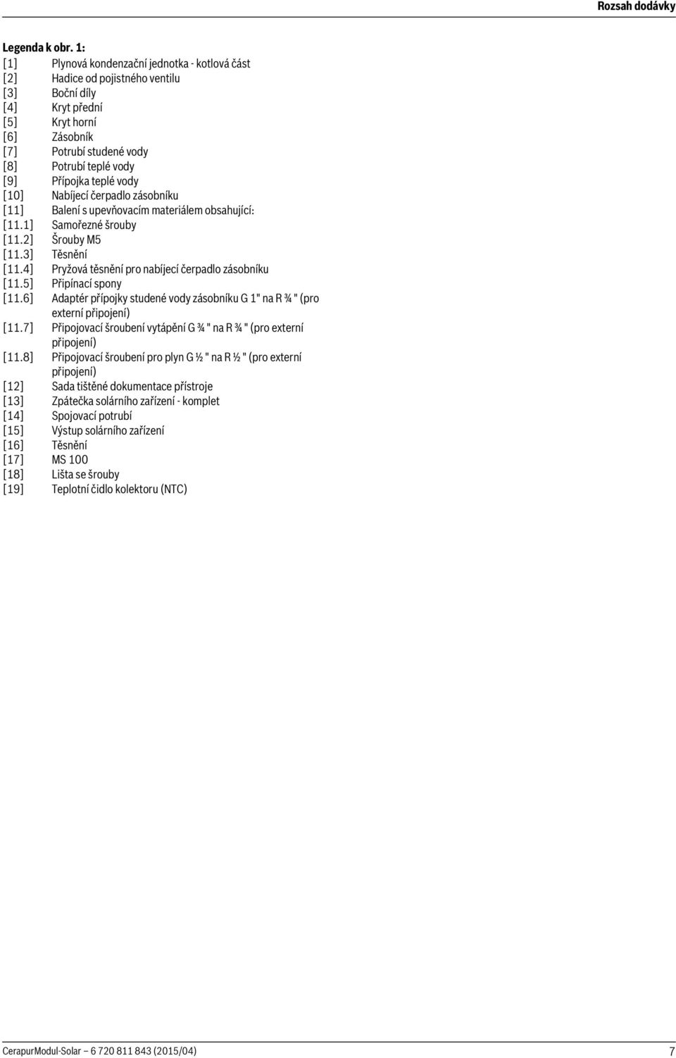 Přípojka teplé vody [0] Nabíjecí čerpadlo zásobníku [] Balení s upevňovacím materiálem obsahující: [.] Samořezné šrouby [.] Šrouby M5 [.3] Těsnění [.