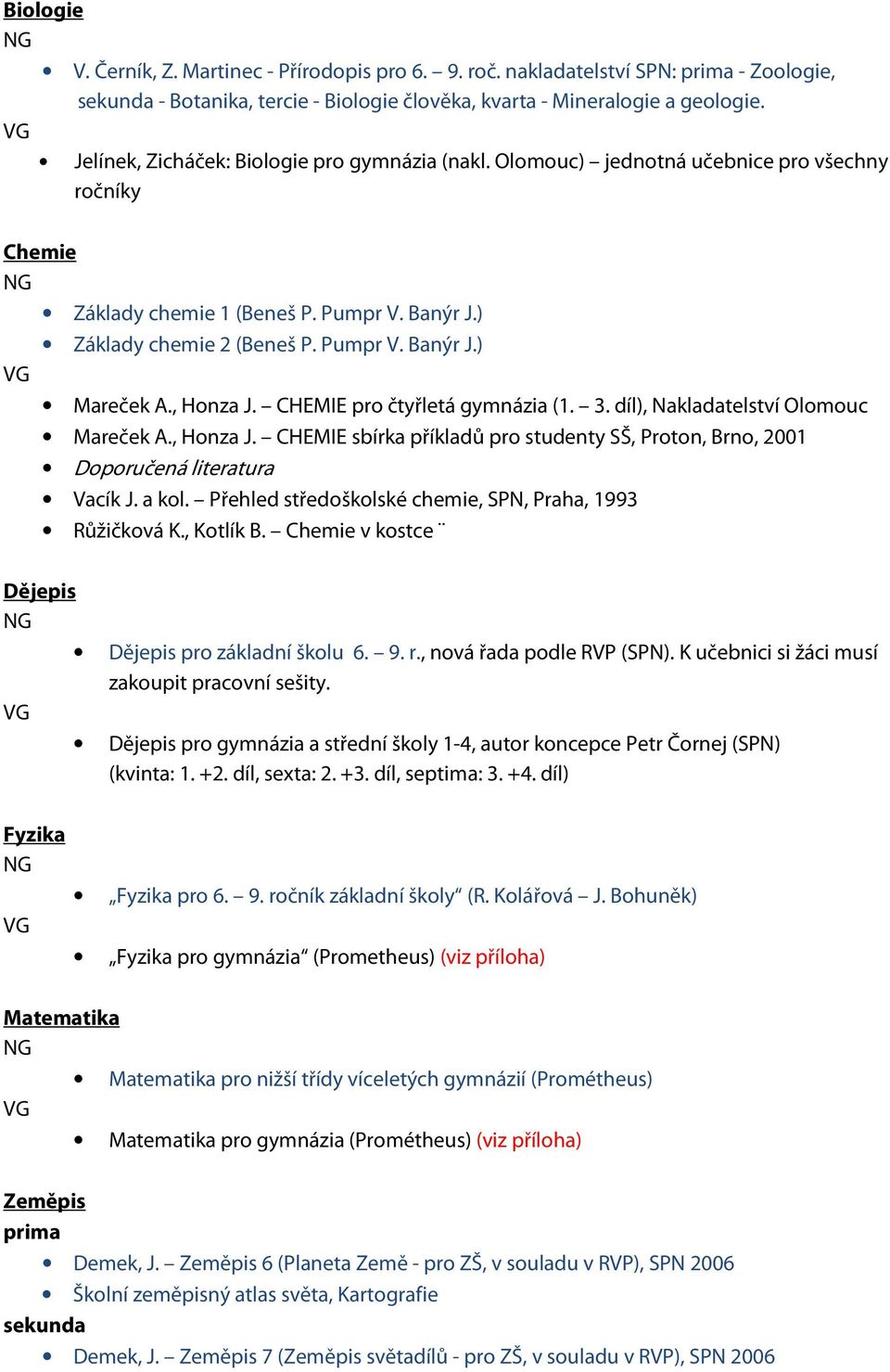 , Honza J. CHEMIE pro čtyřletá gymnázia (1. 3. díl), Nakladatelství Olomouc Mareček A., Honza J. CHEMIE sbírka příkladů pro studenty SŠ, Proton, Brno, 2001 Doporučená literatura Vacík J. a kol.