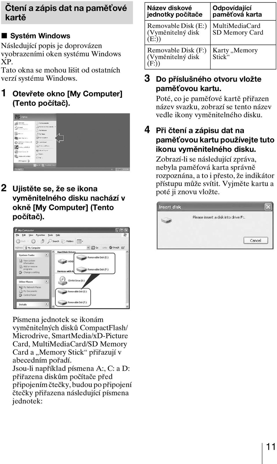 Název diskové jednotky počítače Removable Disk (E:) (Vyměnitelný disk (E:)) Removable Disk (F:) (Vyměnitelný disk (F:)) Odpovídající pamě ová karta MultiMediaCard SD Memory Card Karty Memory Stick 3