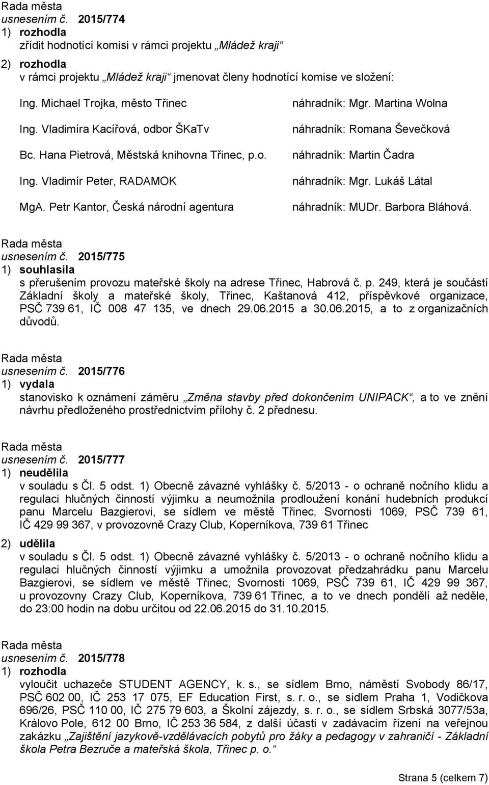 Martina Wolna náhradník: Romana Ševečková náhradník: Martin Čadra náhradník: Mgr. Lukáš Látal náhradník: MUDr. Barbora Bláhová. usnesením č.