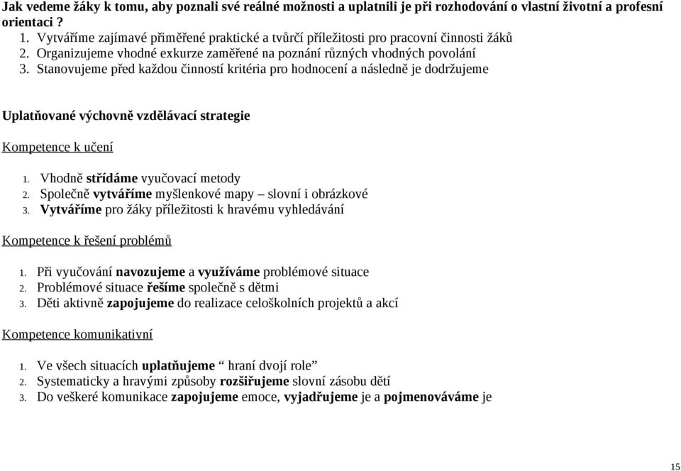 Stanovujeme před každou činností kritéria pro hodnocení a následně je dodržujeme Uplatňované výchovně vzdělávací strategie Kompetence k učení 1. Vhodně střídáme vyučovací metody 2.