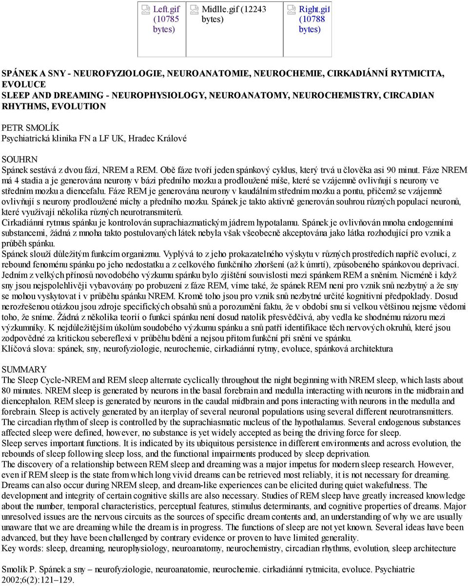 PETR SMOLÍK Psychiatrická klinika FN a LF UK, Hradec Králové SOUHRN Spánek sestává z dvou fází, NREM a REM. Obě fáze tvoří jeden spánkový cyklus, který trvá u člověka asi 90 minut.