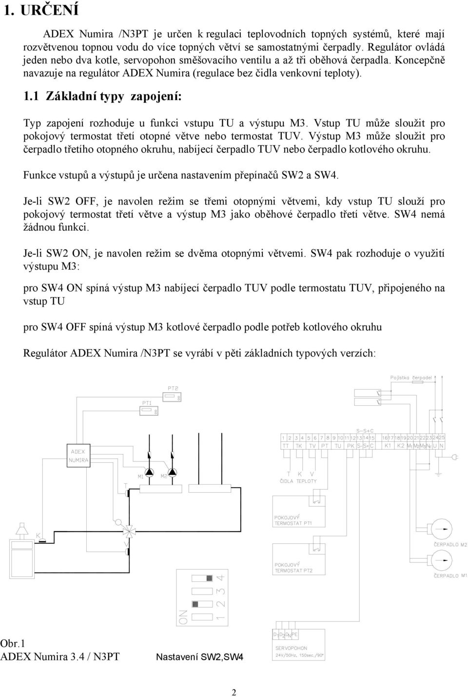 1 Základní typy zapojení: Typ zapojení rozhoduje u funkci vstupu TU a výstupu M3. Vstup TU může sloužit pro pokojový termostat třetí otopné větve nebo termostat TUV.
