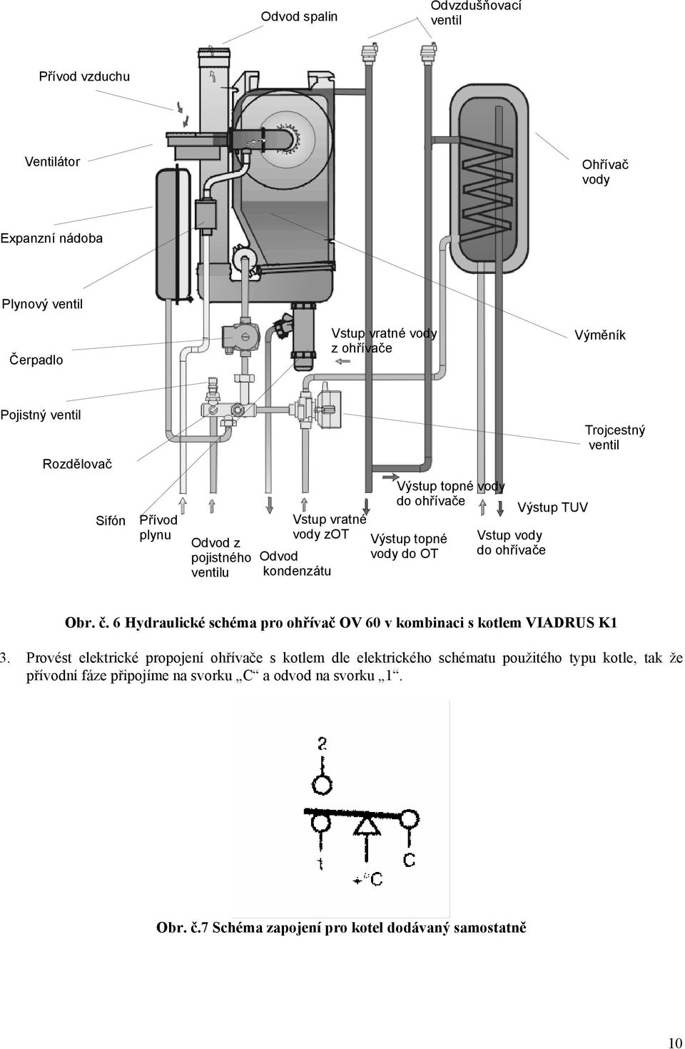 ohřívače Výstup TUV Trojcestný ventil Obr. č. 6 Hydraulické schéma pro ohřívač OV 60 v kombinaci s kotlem VIADRUS K1 3.