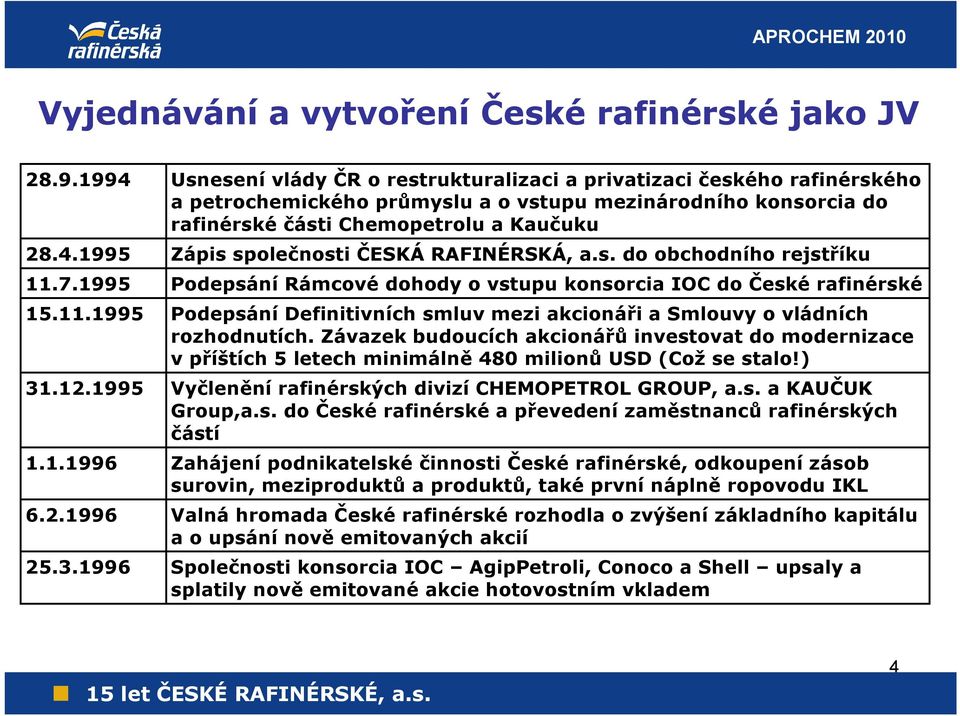 s. do obchodního rejstříku 11.7.1995 Podepsání Rámcové dohody o vstupu konsorcia IOC do České rafinérské 15.11.1995 Podepsání Definitivních smluv mezi akcionáři a Smlouvy o vládních rozhodnutích.