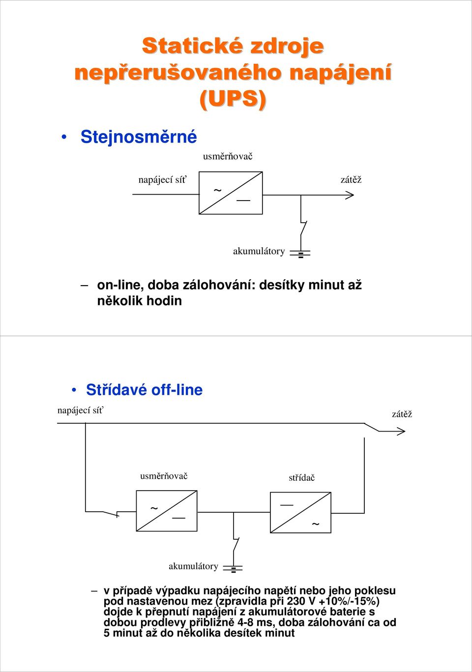 jeho poklesu pod nastavenou mez (zpravidla při 230 V +10%/-15%) dojde k přepnutí napájení z