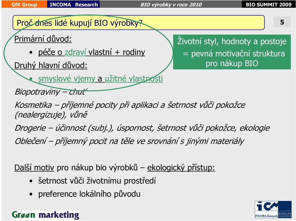 hodnoty a postoje = pevná motivační struktura pro nákup BIO Kosmetika příjemné pocity při aplikaci a šetrnost vůči pokožce (nealergizuje),