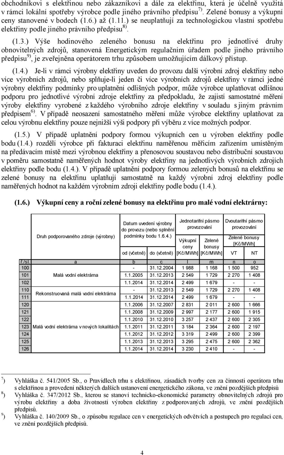 ) Výše hinového zeleného bonusu na elektřinu pro jednotlivé druhy obnovitelných zdrojů, stanovená Energetickým regulačním úřadem ple jiného právního předpisu 9), je zveřejněna operátorem trhu