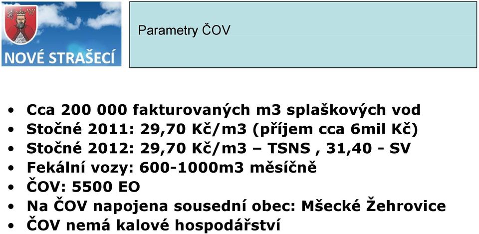 TSNS, 31,40 - SV Fekální vozy: 600-1000m3 měsíčně ČOV: 5500 EO Na