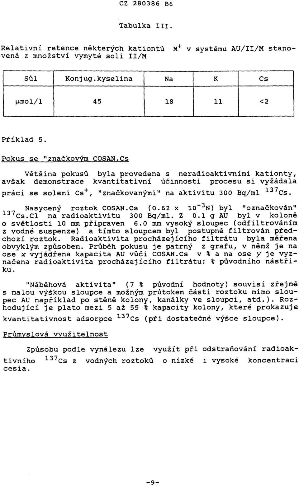 62 x 10~ 3 N) byl "značkván" 137 Cs.Cl na radiaktivitu 300 Bq/ml. Z 0.1 g AU byl v klně světlsti 10 mm připraven 6.