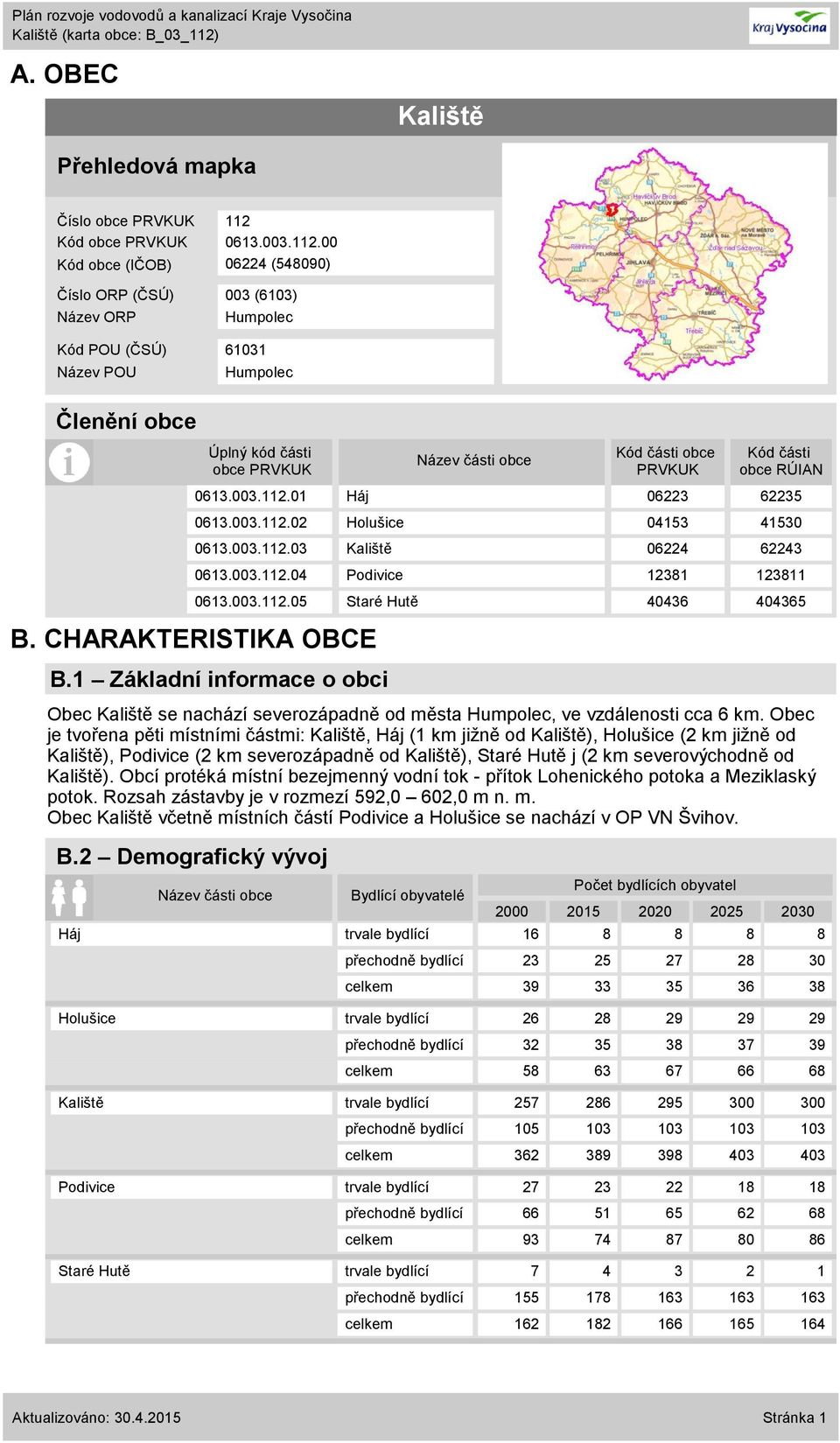 CHARAKTERISTIKA OBCE B.1 Základní informace o obci Obec Kaliště se nachází severozápadně od města Humpolec, ve vzdálenosti cca 6 km.