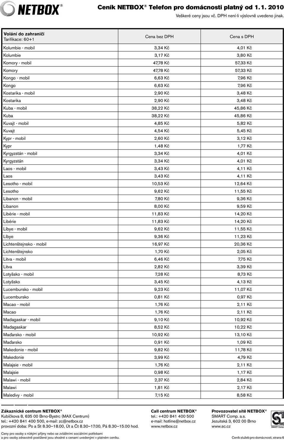 mobil 3,34 Kč 4,01 Kč Kyrgyzstán 3,34 Kč 4,01 Kč Laos - mobil 3,43 Kč 4,11 Kč Laos 3,43 Kč 4,11 Kč Lesotho - mobil 10,53 Kč 12,64 Kč Lesotho 9,62 Kč 11,55 Kč Libanon - mobil 7,80 Kč 9,36 Kč Libanon