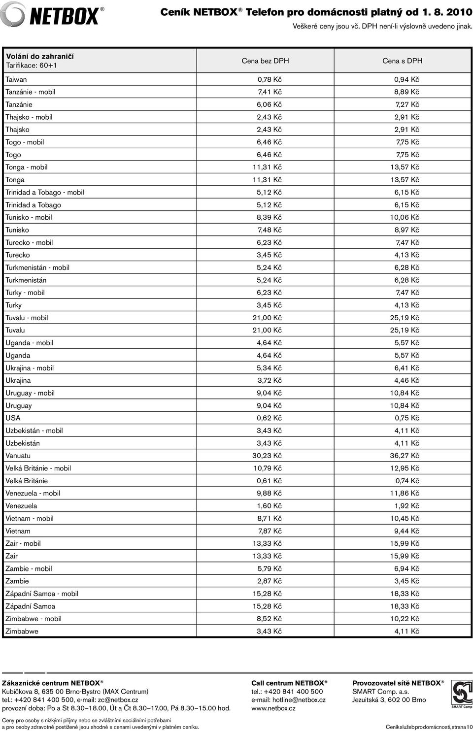 6,23 Kč 7,47 Kč Turecko 3,45 Kč 4,13 Kč Turkmenistán - mobil 5,24 Kč 6,28 Kč Turkmenistán 5,24 Kč 6,28 Kč Turky - mobil 6,23 Kč 7,47 Kč Turky 3,45 Kč 4,13 Kč Tuvalu - mobil 21,00 Kč 25,19 Kč Tuvalu