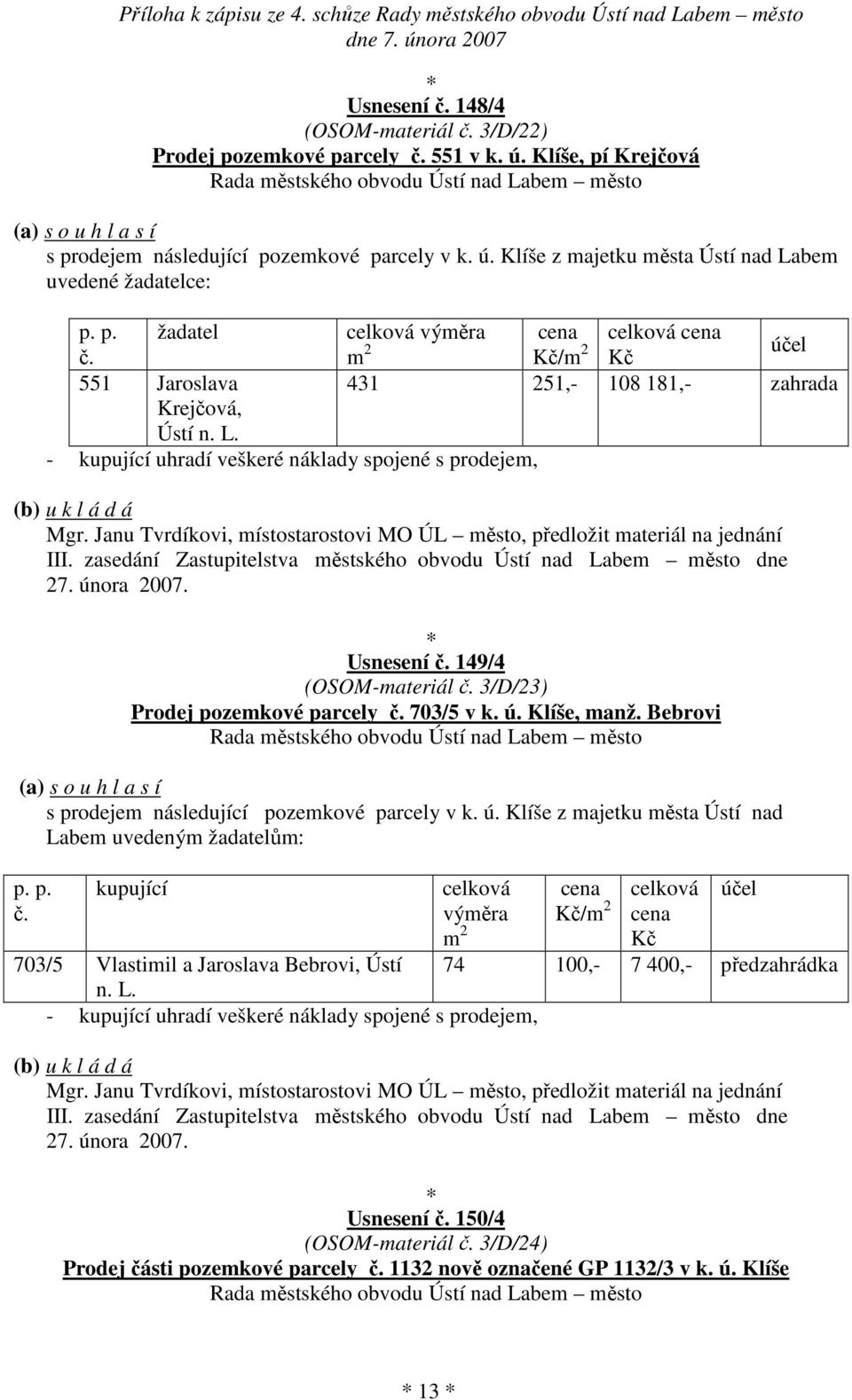 zasedání Zastupitelstva městského obvodu Ústí nad Labem město dne 27. února 2007. Usnesení č. 149/4 (OSOM-materiál č. 3/D/23) Prodej pozemkové parcely č. 703/5 v k. ú. Klíše, manž.