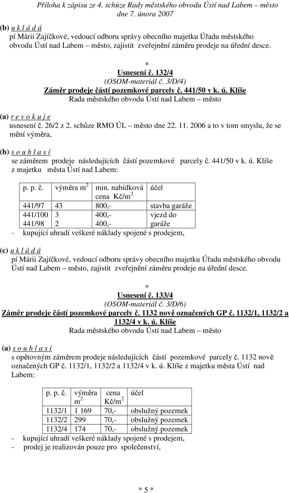 2006 a to v tom smyslu, že se mění výměra, (b) s o u h l a s í se záměrem prodeje následujících částí pozemkové parcely č. 441/50 v k. ú. Klíše z majetku města Ústí nad Labem: p. p. č. výměra min.