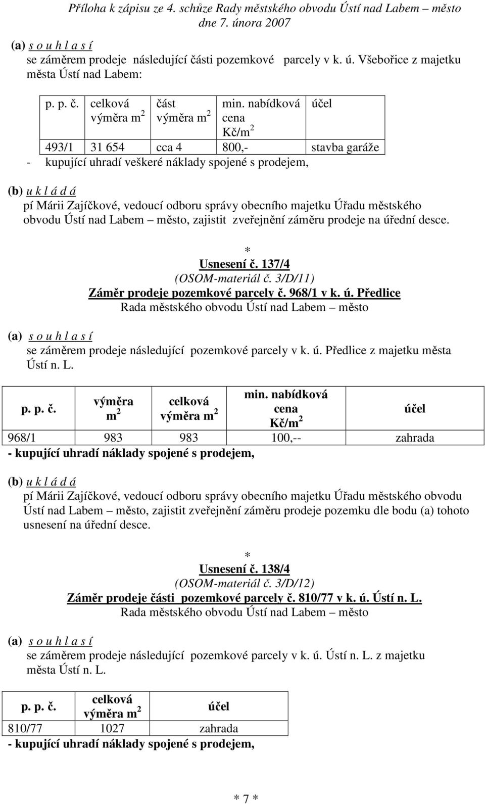 úřední desce. Usnesení č. 137/4 (OSOM-materiál č. 3/D/11) Záměr prodeje pozemkové parcely č. 968/1 v k. ú. Předlice se záměrem prodeje následující pozemkové parcely v k. ú. Předlice z majetku města Ústí n.