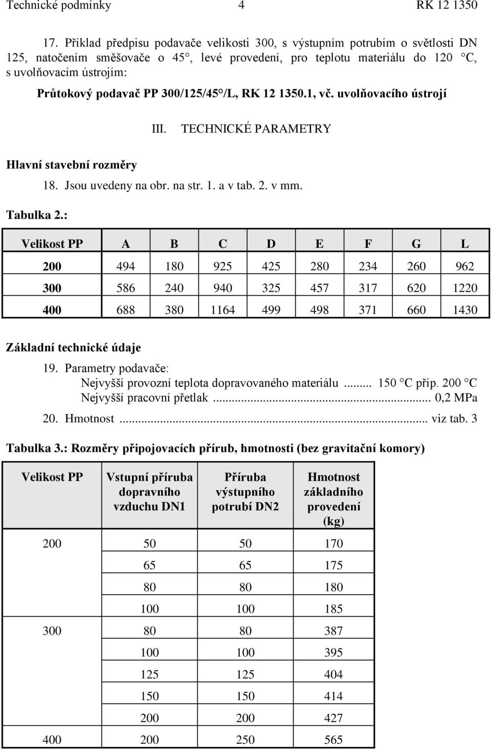 PP 300/125/45 /L, RK 12 1350.1, vč. uvolňovacího ústrojí III. TECHNICKÉ PARAMETRY Hlavní stavební rozměry 18. Jsou uvedeny na obr. na str. 1. a v tab. 2. v mm. Tabulka 2.