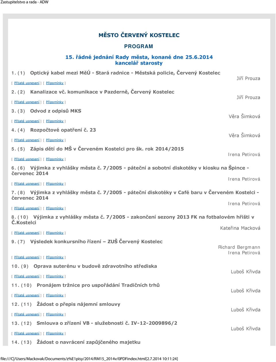 23 5. (5) Zápis dětí do MŠ v Červeném Kostelci pro šk. rok 2014/2015 Jiří Prouza Jiří Prouza Věra Šimková Věra Šimková Irena Petirová 6. (6) Výjimka z vyhlášky města č.