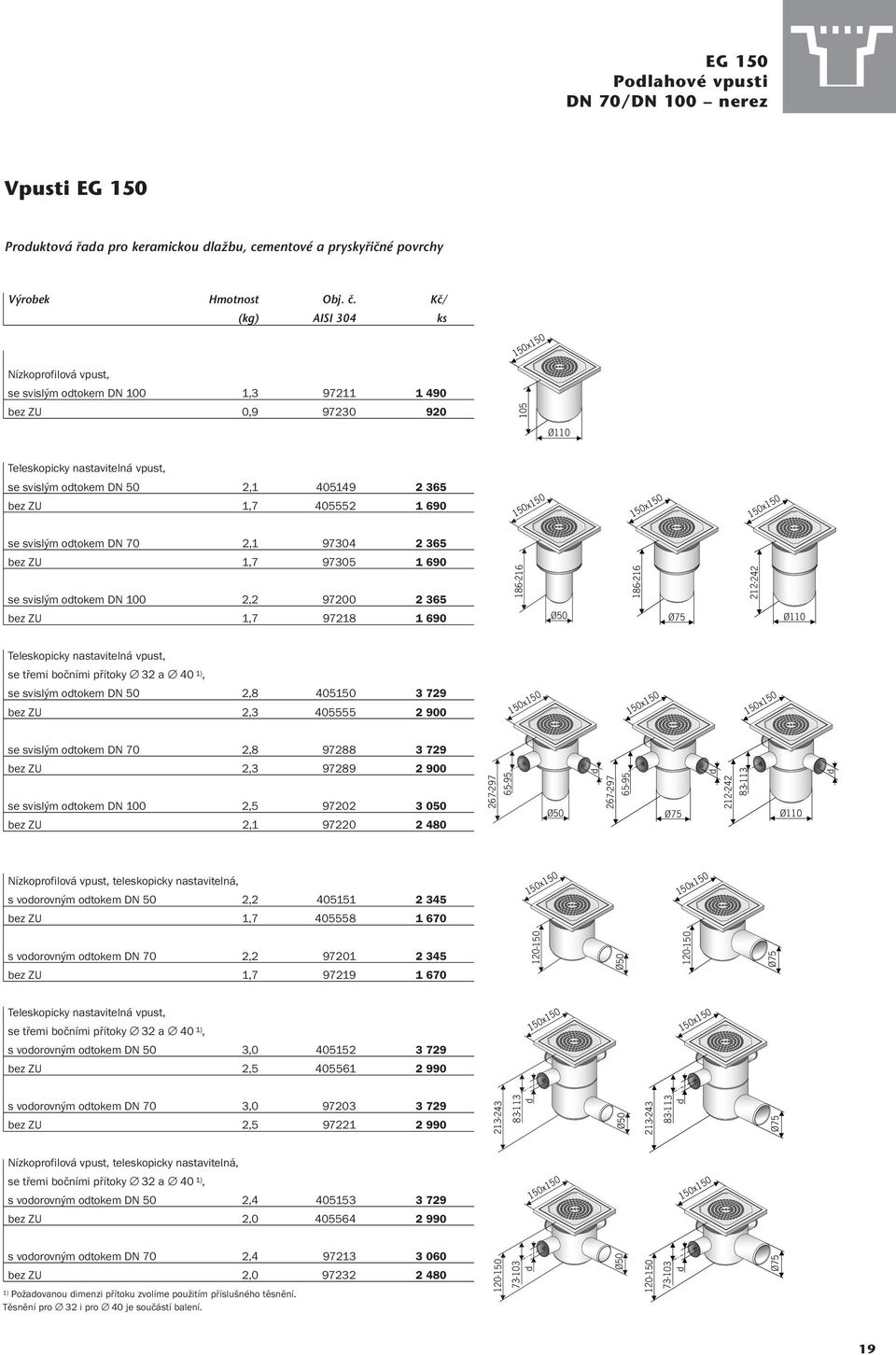 1 690 se svislým odtokem DN 70 2,1 97304 2 365 bez ZU 1,7 97305 1 690 se svislým odtokem DN 100 2,2 97200 2 365 bez ZU 1,7 97218 1 690 186-216 Ø50 186-216 Ø75 212-242 Teleskopicky nastavitelná vpust,