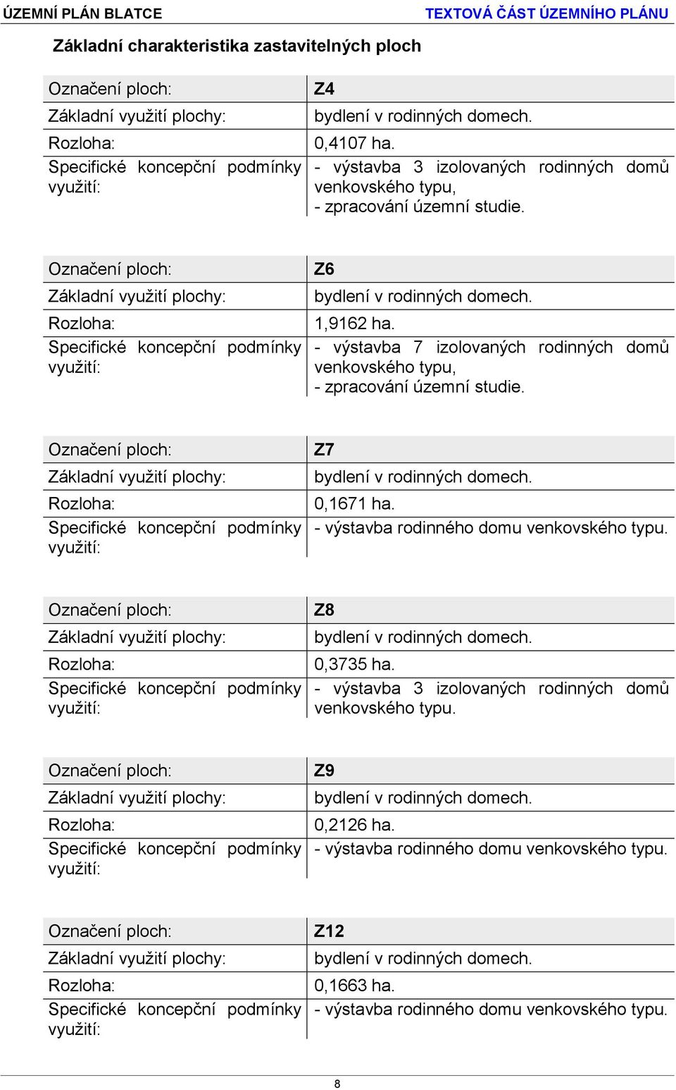 Označení ploch: Základní využití plochy: Rozloha: Specifické koncepční podmínky využití: Z6 bydlení v rodinných domech. 1,9162 ha.