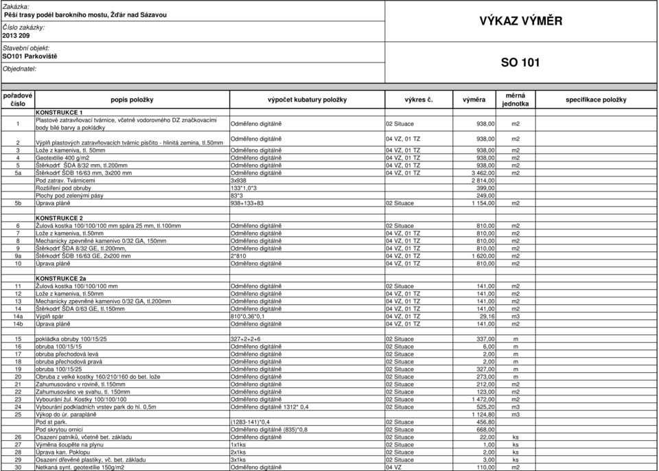 50mm Odměřeno digitálně 04 VZ, 01 TZ 938,00 m2 4 Geotextilie 400 g/m2 Odměřeno digitálně 04 VZ, 01 TZ 938,00 m2 5 Štěrkodrť ŠDA 8/32 mm, tl.