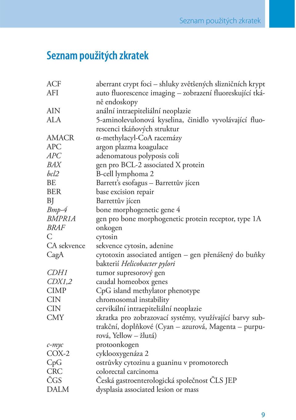 coli BAX gen pro BCL-2 associated X protein bcl2 B-cell lymphoma 2 BE Barrett s esofagus Barrettův jícen BER base excision repair BJ Barrettův jícen Bmp-4 bone morphogenetic gene 4 BMPR1A gen pro