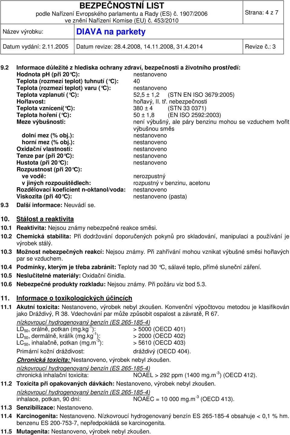 vzplanutí ( C): 52,5 ± 1,2 (STN EN ISO 3679:2005) Hořlavost: hořlavý, II. tř.