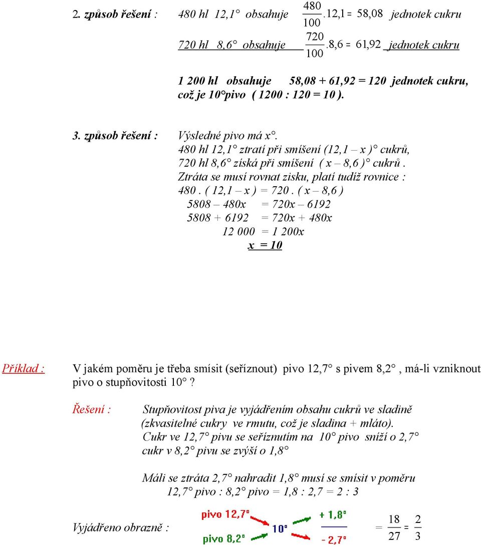 480 hl 12,1 ztratí při smíšení (12,1 x ) cukrů, 720 hl 8,6 získá při smíšení ( x 8,6 ) cukrů. Ztráta se musí rovnat zisku, platí tudíž rovnice : 480. ( 12,1 x ) = 720.
