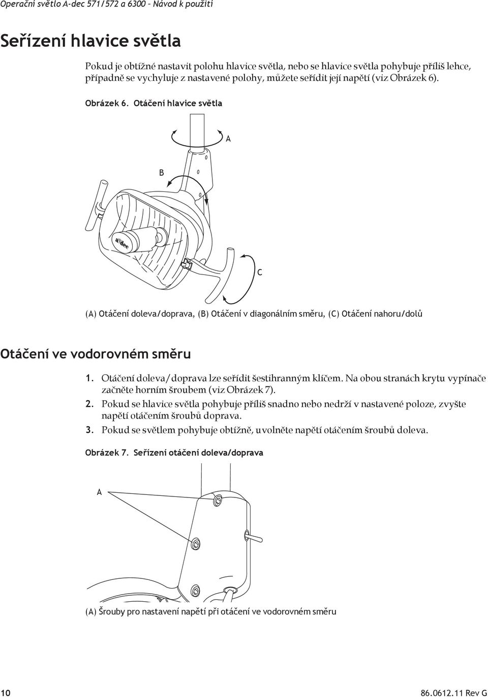 . Obrázek 6. Otáčení hlavice světla B C () Otáčení doleva/doprava, (B) Otáčení v diagonálním směru, (C) Otáčení nahoru/dolů Otáčení ve vodorovném směru 1.