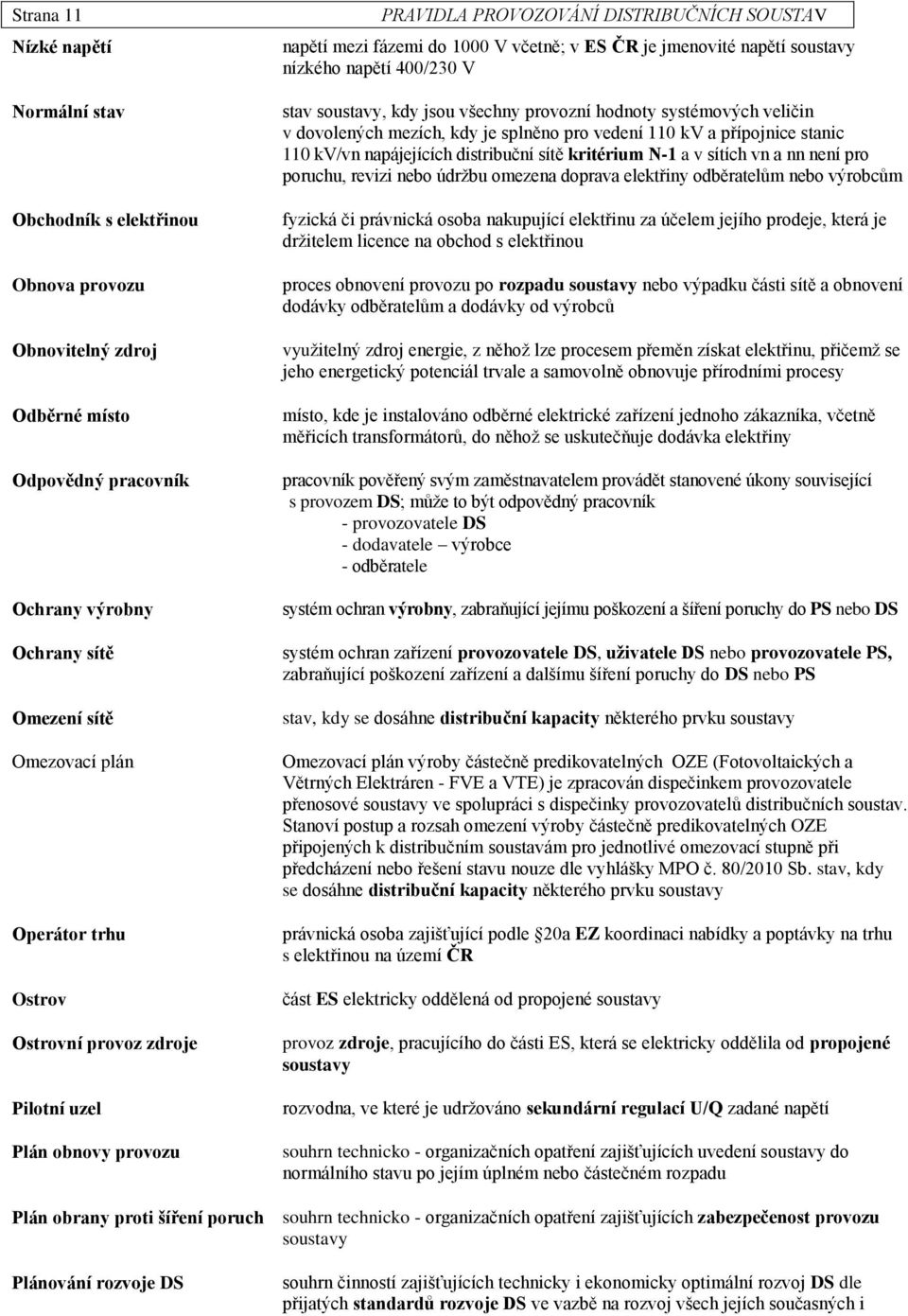 provozní hodnoty systémových veličin v dovolených mezích, kdy je splněno pro vedení 110 kv a přípojnice stanic 110 kv/vn napájejících distribuční sítě kritérium N-1 a v sítích vn a nn není pro