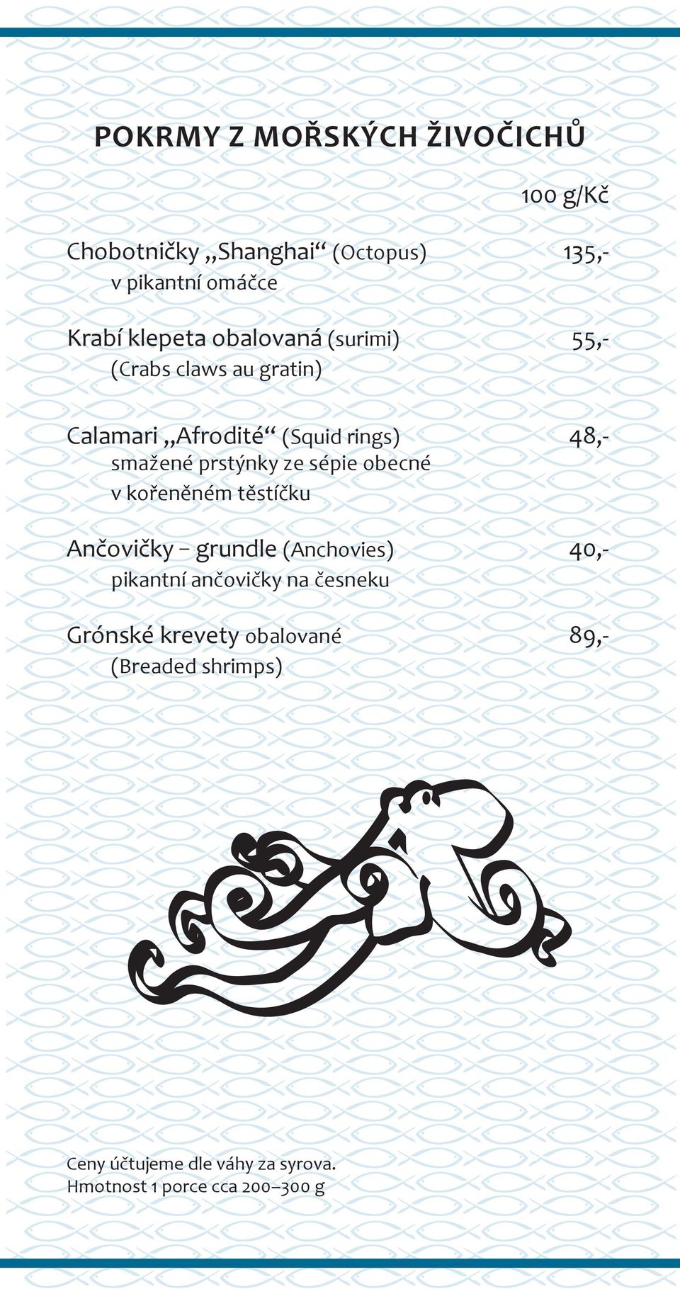 sépie obecné v kořeněném těstíčku Ančovičky grundle (Anchovies) 40,- pikantní ančovičky na česneku