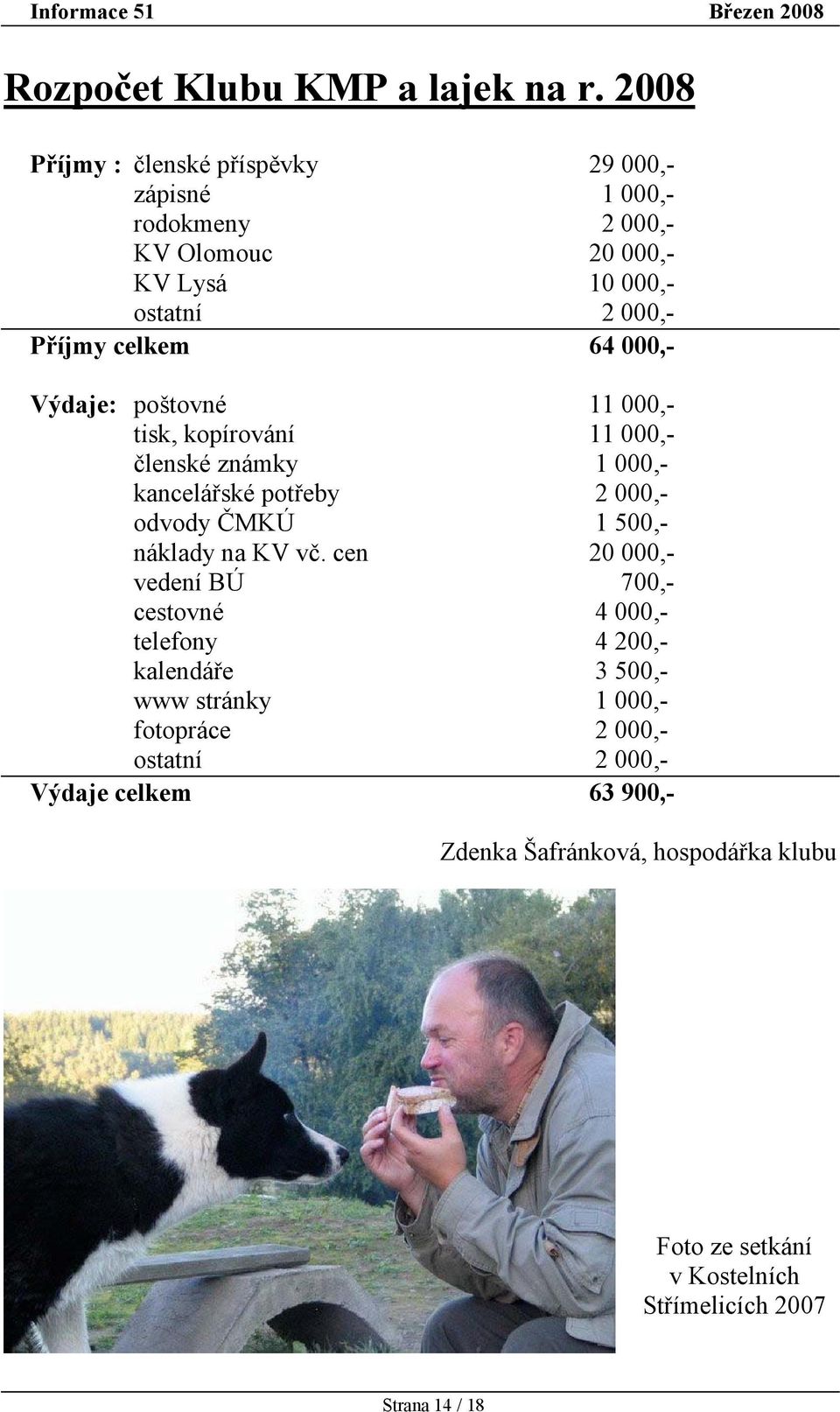 000,- Výdaje: poštovné 11 000,- tisk, kopírování 11 000,- členské známky 1 000,- kancelářské potřeby 2 000,- odvody ČMKÚ 1 500,- náklady na KV