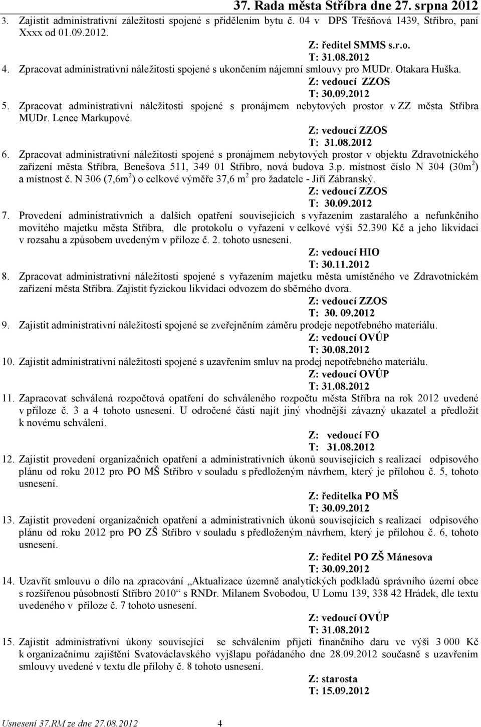 Zpracovat administrativní náležitosti spojené s pronájmem nebytových prostor v ZZ města Stříbra MUDr. Lence Markupové. 6.