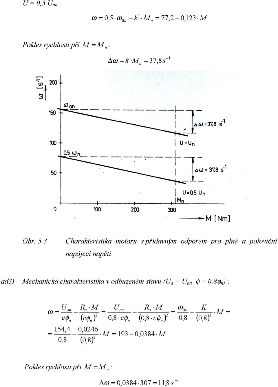 charakteristika v odbuzeém stavu (U a = U a φ = 0,8φ ) : U a ω = cφ = 154,4 0,8 Ra M = ( cφ ) 0,8 cφ (