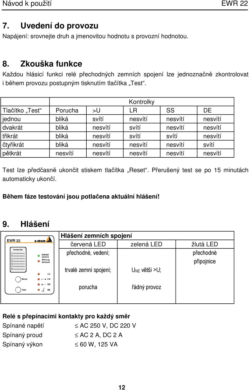 Kontrolky Tlačítko Test Porucha >U LR SS DE jednou bliká svítí nesvítí nesvítí nesvítí dvakrát bliká nesvítí svítí nesvítí nesvítí třikrát bliká nesvítí svítí svítí nesvítí čtyřikrát bliká nesvítí