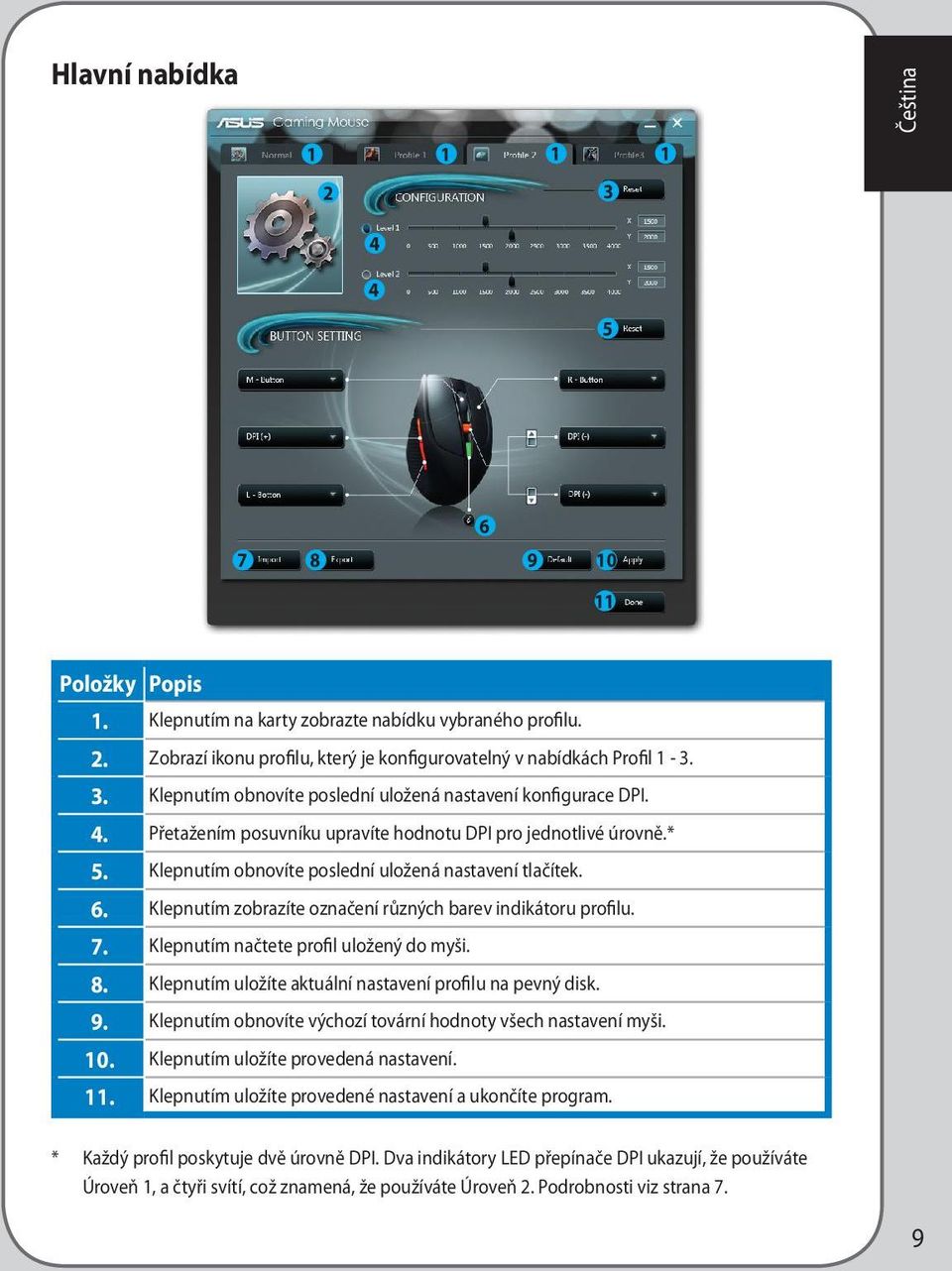 Klepnutím načtete profil uložený do myši. 8. Klepnutím uložíte aktuální nastavení profilu na pevný disk. 9. Klepnutím obnovíte výchozí tovární hodnoty všech nastavení myši.