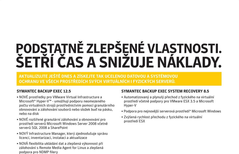 5 NOVÉ prostředky pro VMware Virtual Infrastructure a Microsoft Hyper-V - umožňují podporu neomezeného počtu virtuálních strojů prostřednictvím pomocí granulárního obnovování a zálohování souborů