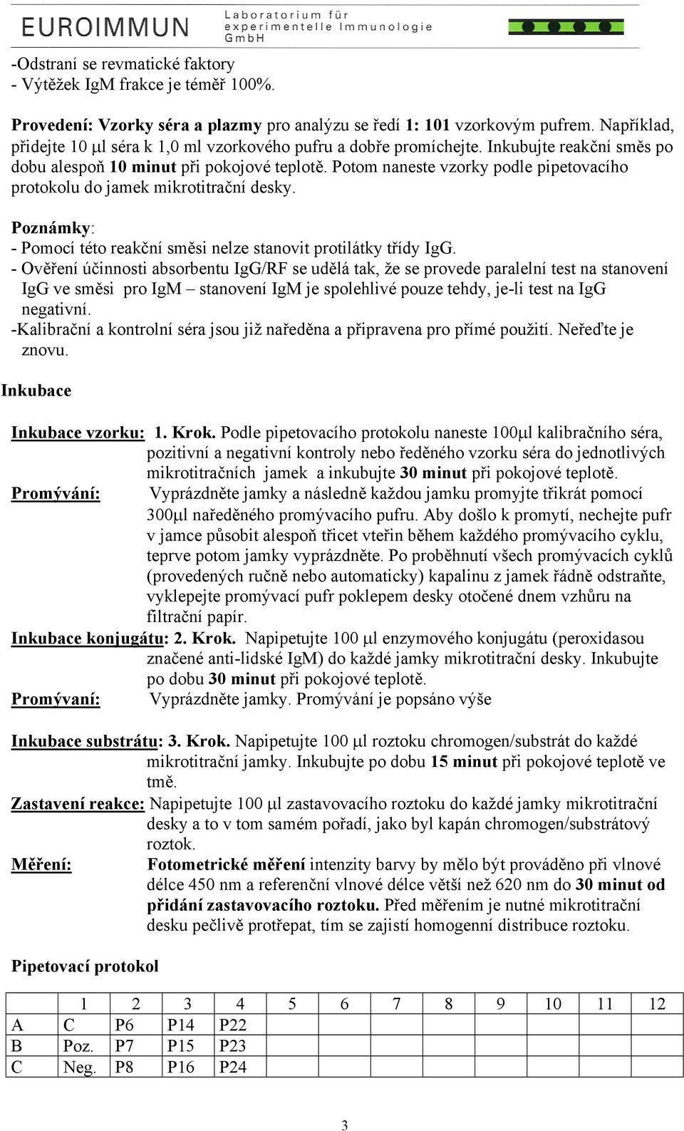 Potom naneste vzorky podle pipetovacího protokolu do jamek mikrotitrační desky. Poznámky: - Pomocí této reakční směsi nelze stanovit protilátky třídy IgG.